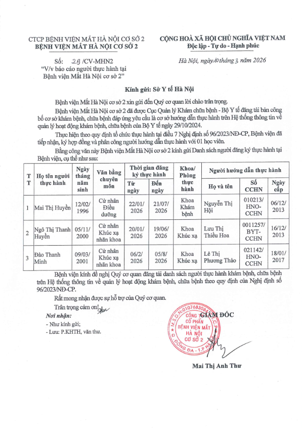 Thông báo: Danh sách thực hành tại Bệnh viện Mắt Hà Nội 2