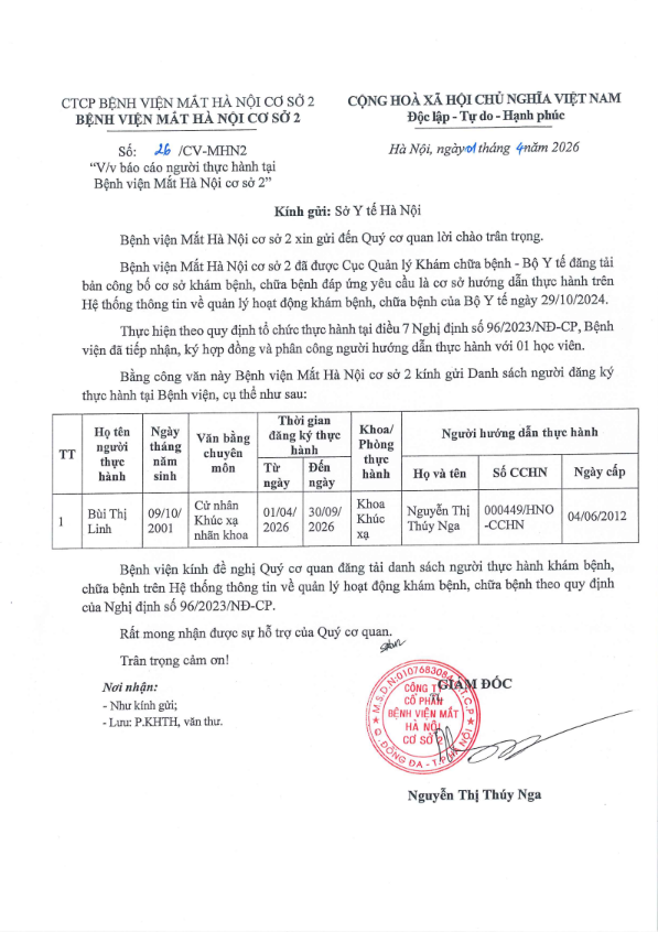 Thông báo: Danh sách thực hành tại Bệnh viện Mắt Hà Nội 2